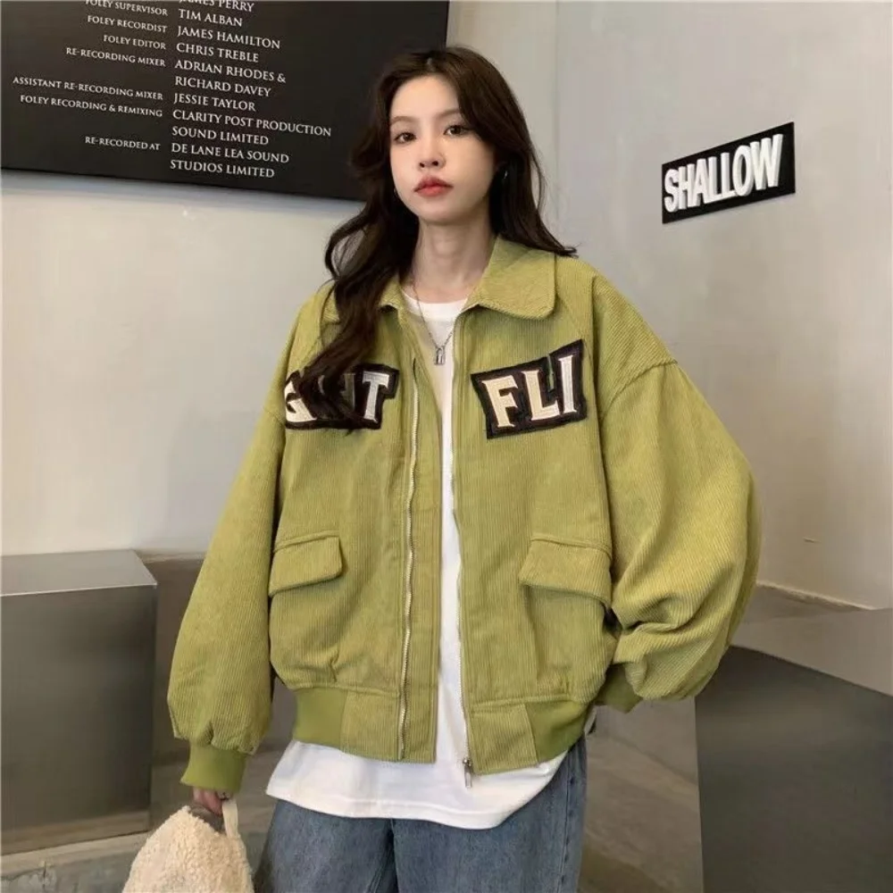 

Spring Autumn Causal 2023 Fashion BF Style Cargo Vintage Printed Letter Turn-down Collar Zipper Coat Solid Jacket Oversized 2XL