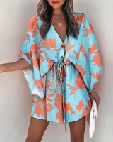 sexy v neck shirt dress women summer floral print batwing sleeve button lace up mini dress female loose boho beach dresses robe