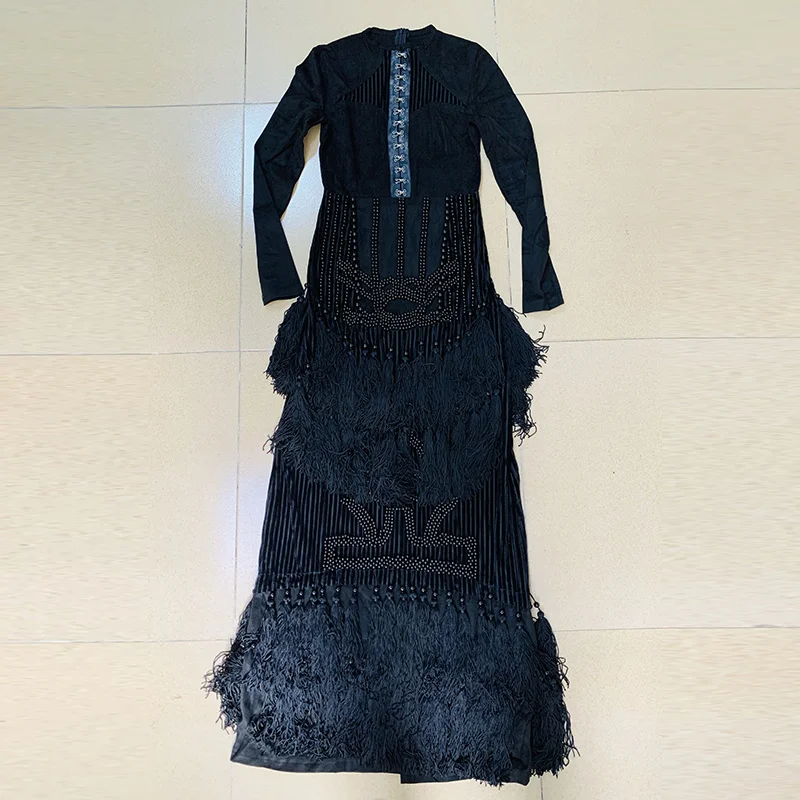 

Женское длинное бархатное платье макси, подиумное лоскутное платье с длинным рукавом и бахромой, расшитое бисером, 2022
