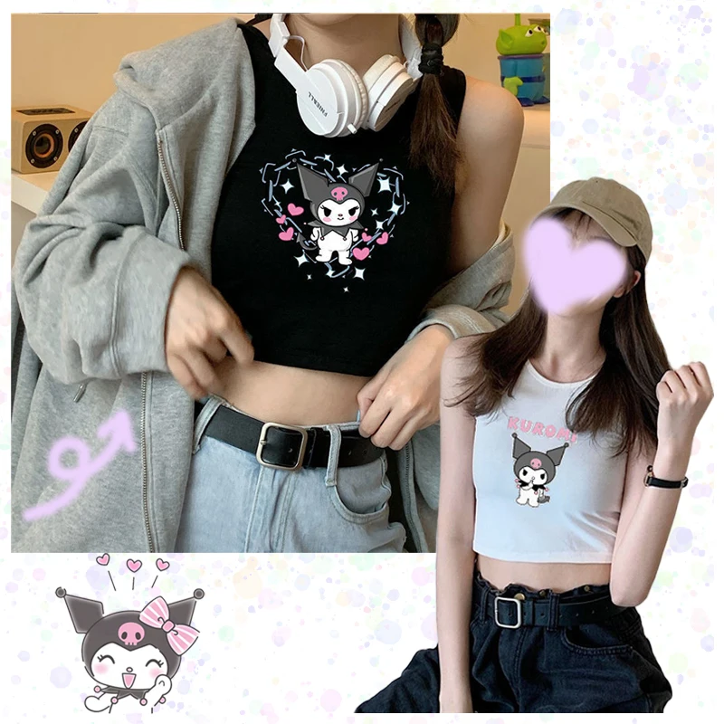 

Новинка, уличная одежда Sanrioed с милым мультяшным принтом, майка с аниме Kuromi, короткий топ без рукавов с различными принтами, милый Универсаль...