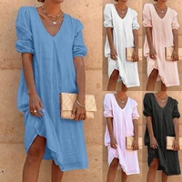 womens dress summer fashion solid color loose pullover dress womens casual lantern sleeve v neck dress