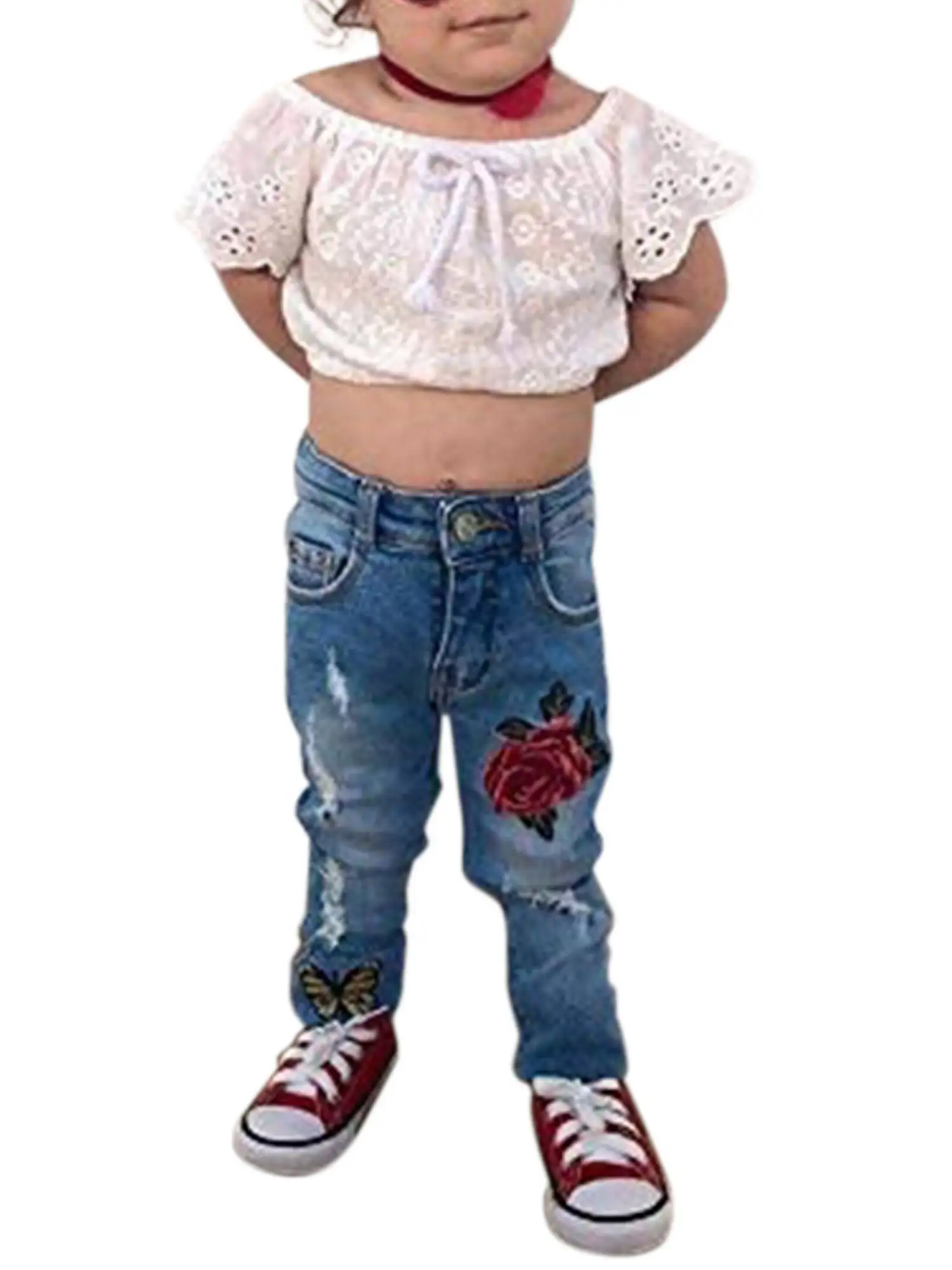 

0-4Y Toddler Kids Baby Girls Clothes Set White Off Shoulder Ruffles Crop Top Ripped Holes Denim Long Pant Jeans Outfits Set