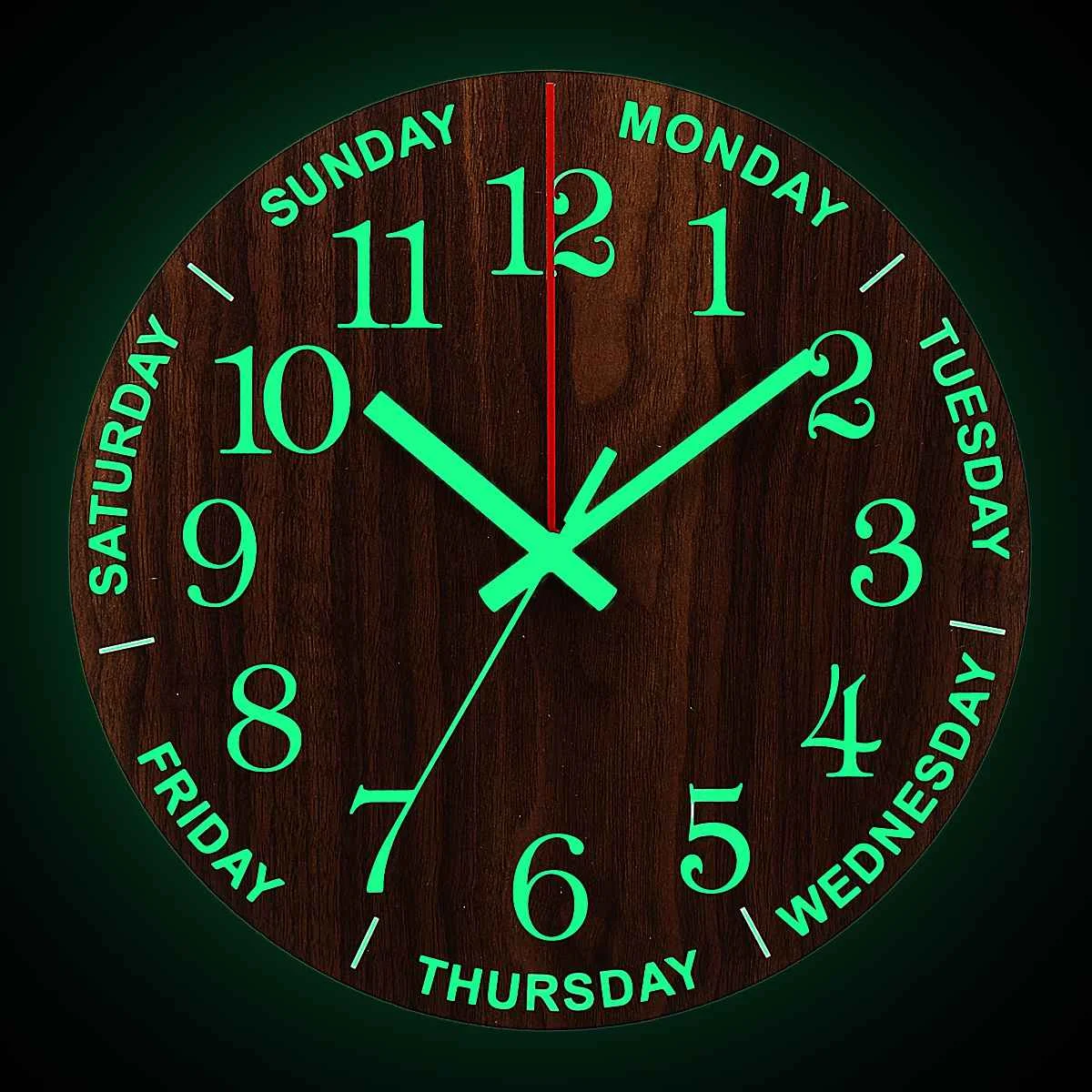 

12 Inch Luminous Wall Clock Wood Silent Light in Dark Night Nordic Fashion Wall Clock Non Ticking Clock With Night Light