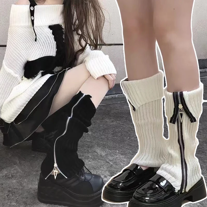 

Japanese Jk Leg Warmers Boots Socks Zipper Thigh Punk Leg Warmers Winter Boot Cuffs Warmer Lolita Knit Socks Tube Knit Socks