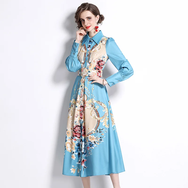 

Women Spring Designer Elegant Shirt Dress Sexy Slim Cocktail Party Robe Female Vinatge Long Sleeve Print A-Line Dress Vestidos