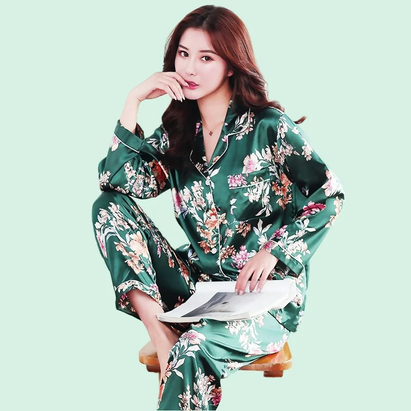 Vintage Women's Pajamas Set Artificial Silk Homewear Flower Print Pajamas Women Sweet Full-Sleeve Fashion Cozy Pyjamas Big Size