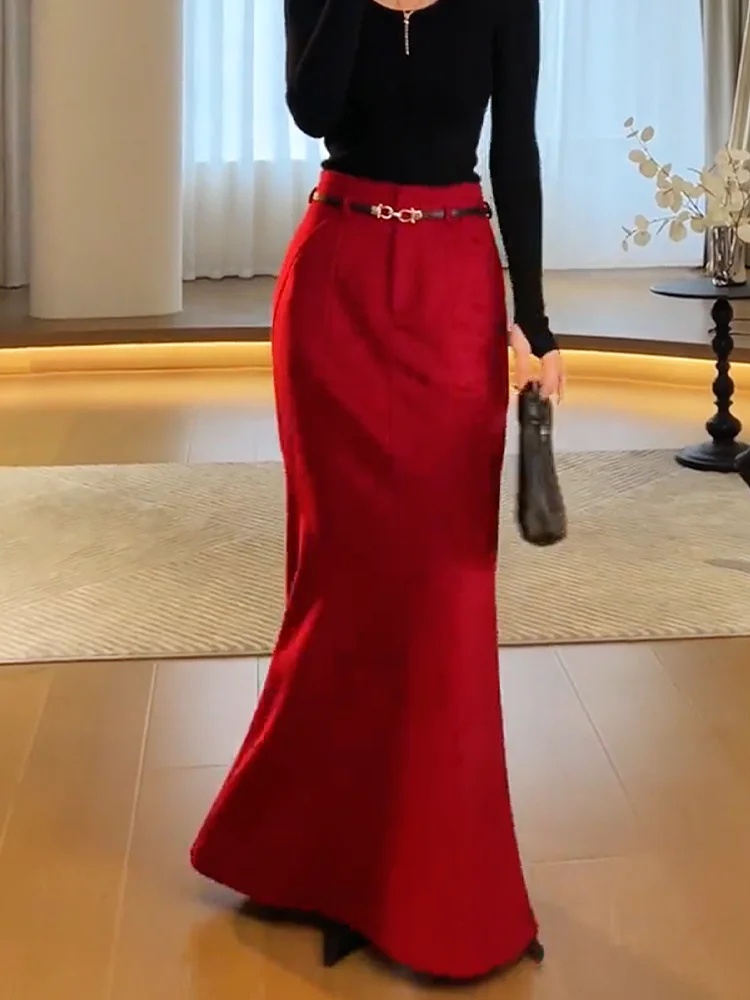 Plus Size Elegant Slim fit Red Sheath Fishtail Skirt Women Autumn New Fashionable Fashion High Waist All-Match Long dress