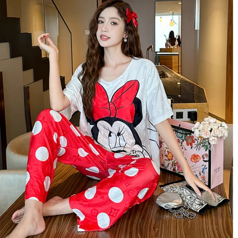 Осенняя пижама Disney с Микки Маусом длинная Повседневная Свободная Шелковая из