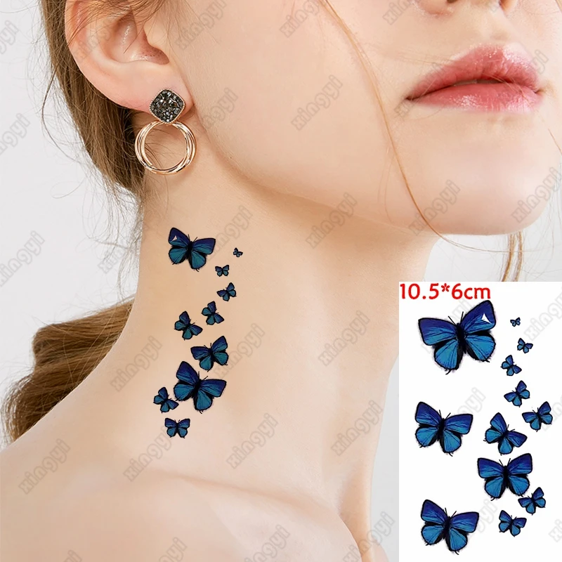

3D Women Men Waterproof Temporary Tattoo Pattern Clavicle Party Decals Blue Butterfly Tatoo Stickers for Girl Lady