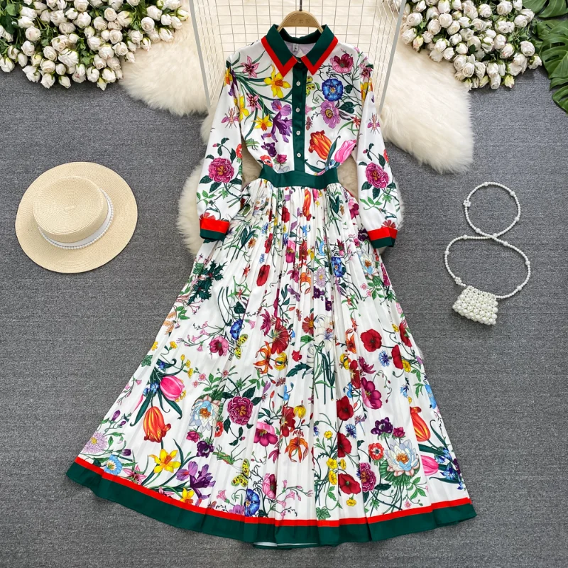 

Винтажное платье-трапеция с длинным рукавом и принтом, плиссированное платье с широким подолом для женщин, новинка весны 2023, элегантные модные женские платья-рубашки DF505