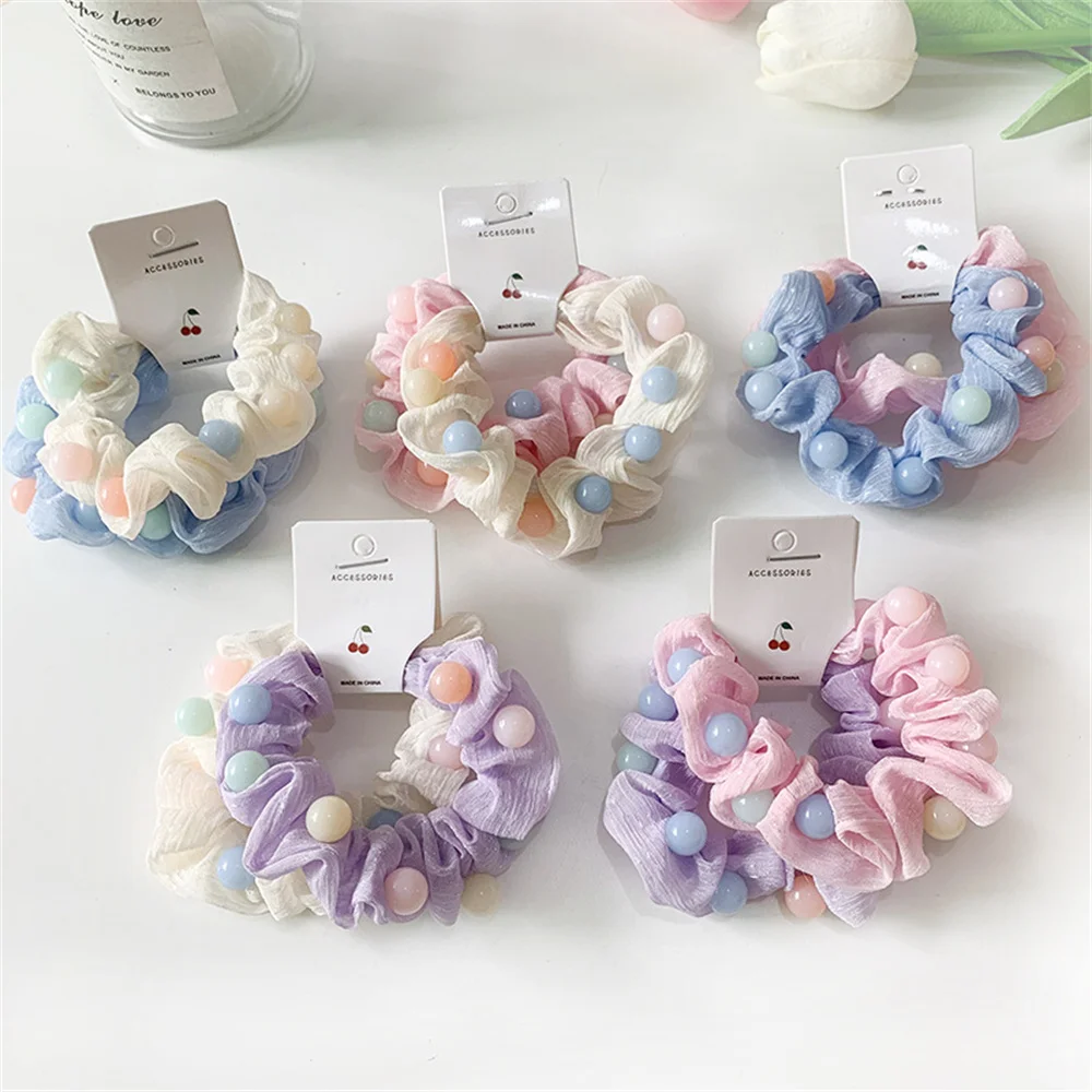 

2pcs Solid Color Yarn Hair Scrunchies Cute Colorful Beads High Elastic Hairband WoMen Girls Ponytail HairRope Accessories Gifts