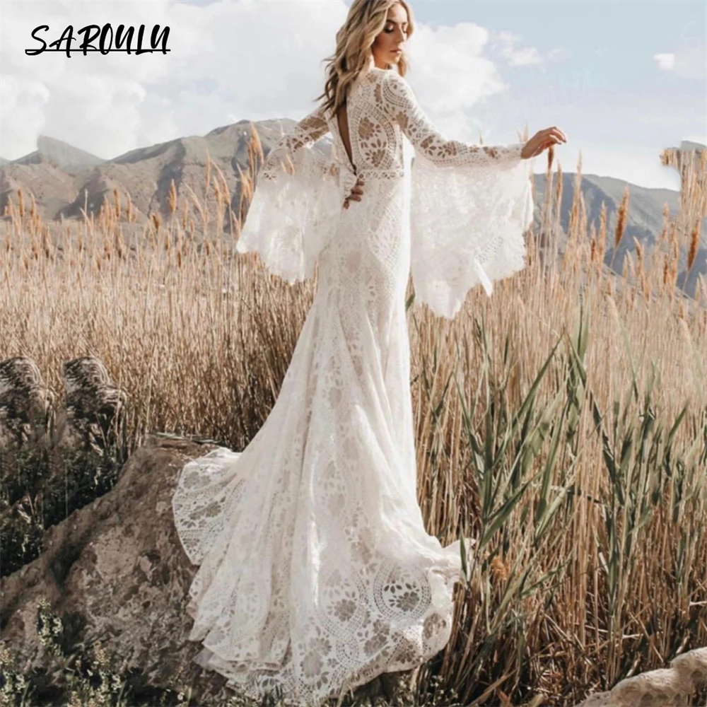 Maniche Svasate Abito Da Sposa Boho Scollo A V Manica Lunga A Campana Backless Cut Out Lace Destinazione Elopement Abito Da Sposa Hippie Bride