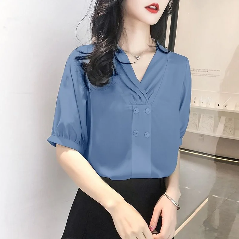 

Summer New Chiffon Thin Shirt Tops V Neck Short Sleeve Loose Versatile Blouse Simplicity Casual Fashion Women Clothing