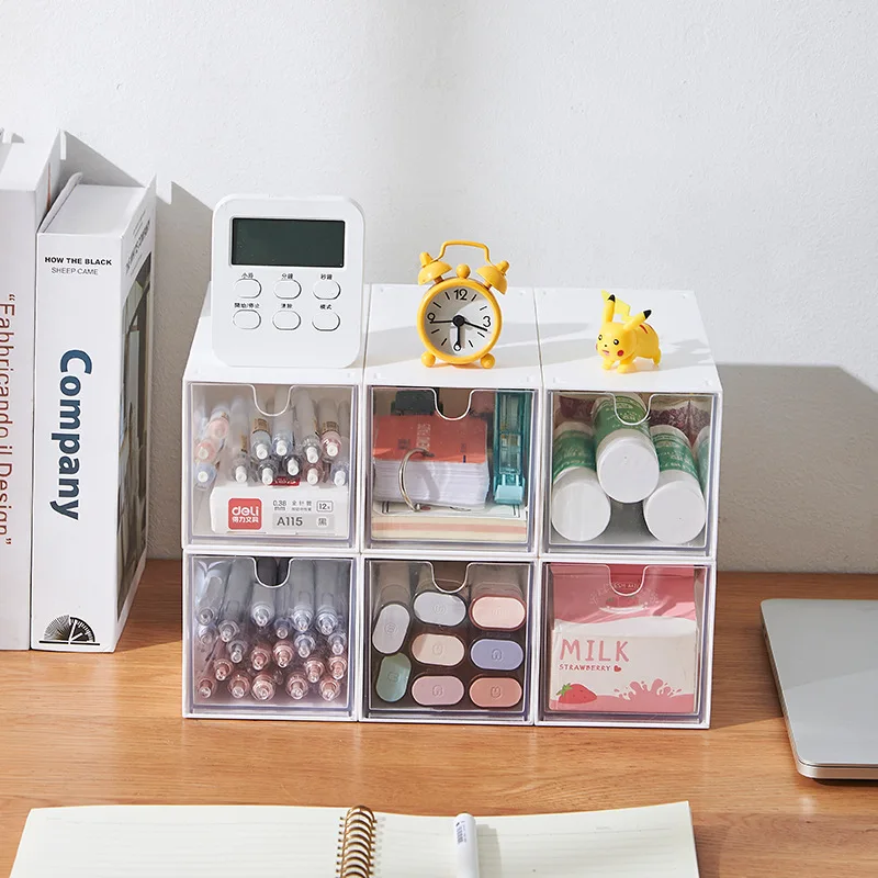 

Transparent Desktop Stationery Storage Box Pen Holder for Student Stackable Storage Drawers Cosmetics Sundries Storage Organizer