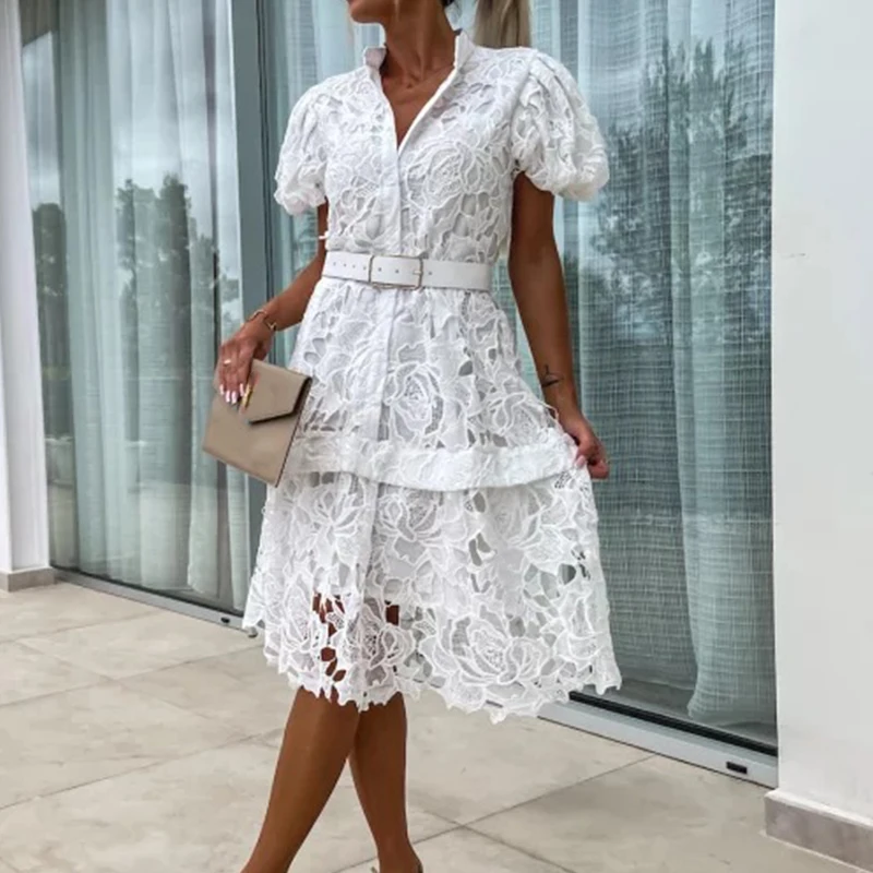 Женское длинное ажурное платье элегантное цветочное кружевное с буффами на