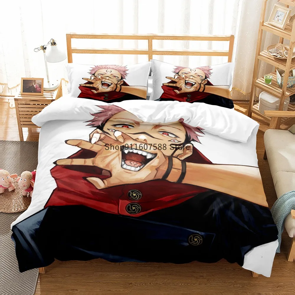 Комплект постельного белья Japanese Anime Jujutsu Kaisen размеров Queen, King и Double с наволочками и декоративными элементами для детей из мягких текстильных материалов.