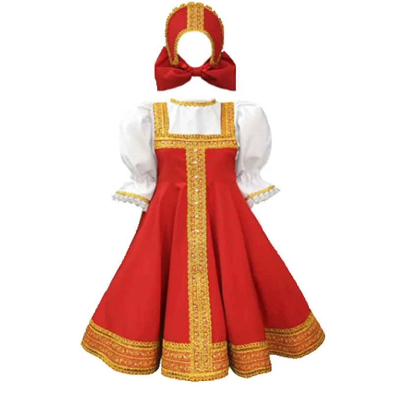 

Russian Dance 4-12 Y Girl Costume Red Sarafan Folk Fancy Dress with Headband Sets Kids Festival Party Stage Performance Clothes