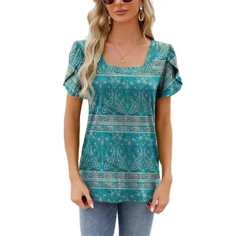 Элегантный топ с короткими рукавами и лепестками принтом летний пуловер