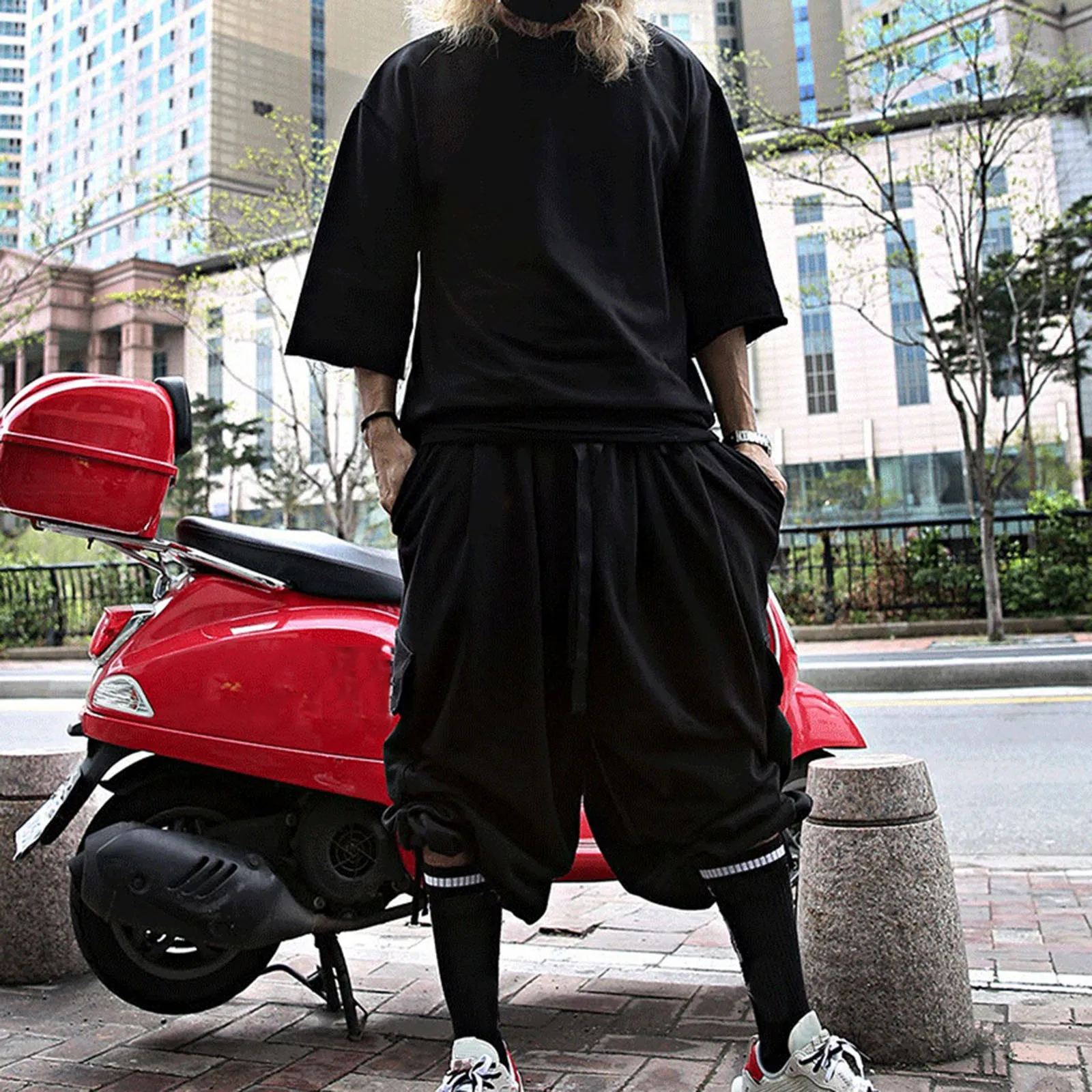 

Men'S Punk Gothic Grunge Set Solid Color O-Neck Tee Shirt Loose Drawstring Pants Two Piece Set Y2k Cosplay Male Clothing Set