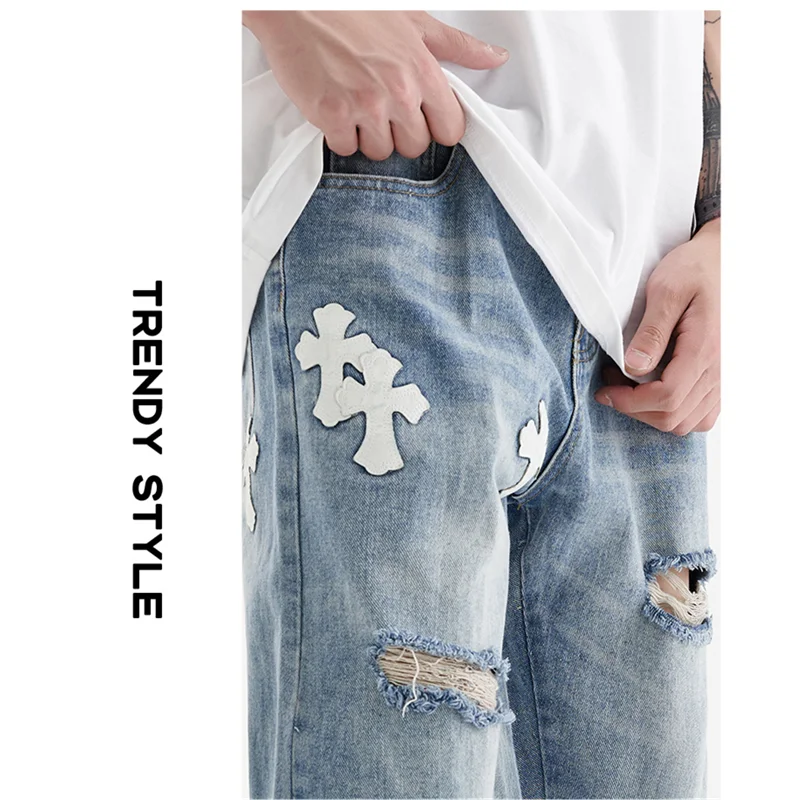 Streetwear Men 2022 New Pasting Cloth Cross Pattern Recreational Light Blue Jeans Loose Straight Cylinder Trousers Autumn Female