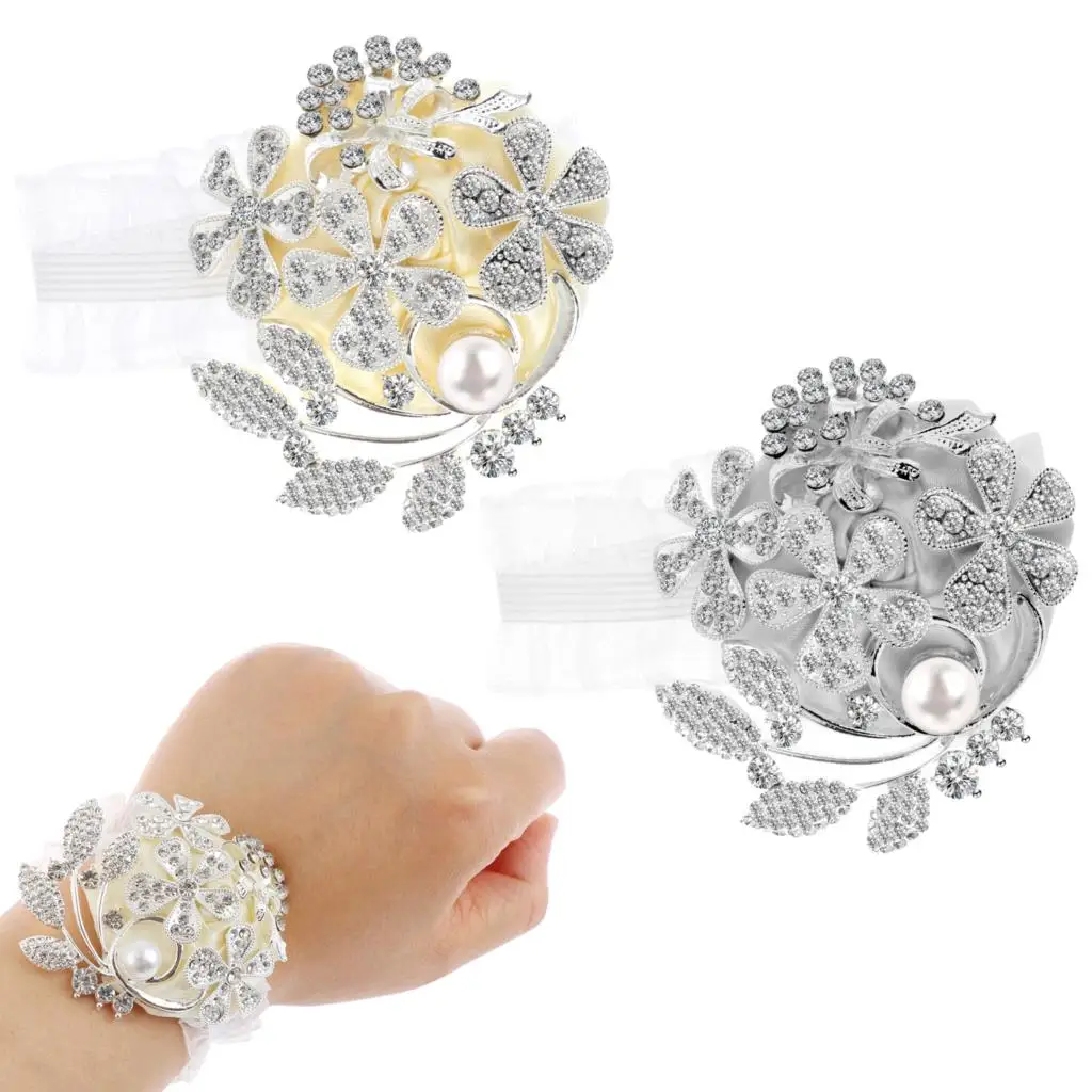 

2 Pcs Artificial Wrist Corsage Rhinestone Bridal Ribbon Wrist Flower Bridesmaids Bracelet Marriage Bridal Hand Flower Wedding
