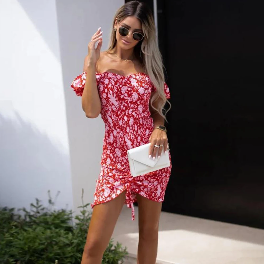 

Summer Sexy Floral Bodycon Mini Dress Off Shoulder Puff Sleeve Slim Tunics Dresses For Women 2022 Casual Black Sundress Elegant