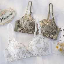 Roseheart Bralette de encaje con tirantes y volantes para mujer, bragas acolchadas con ajuste suave, Push Up, Conjunto de sujetador inalámbrico con bordado A B (1)