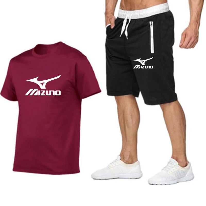MIZUNO Men T-shirt Set Summer Latest Sportswear Suit Polyester Printed T-shirt + shorts Quick dry Run Men's Suit 2-piece Set