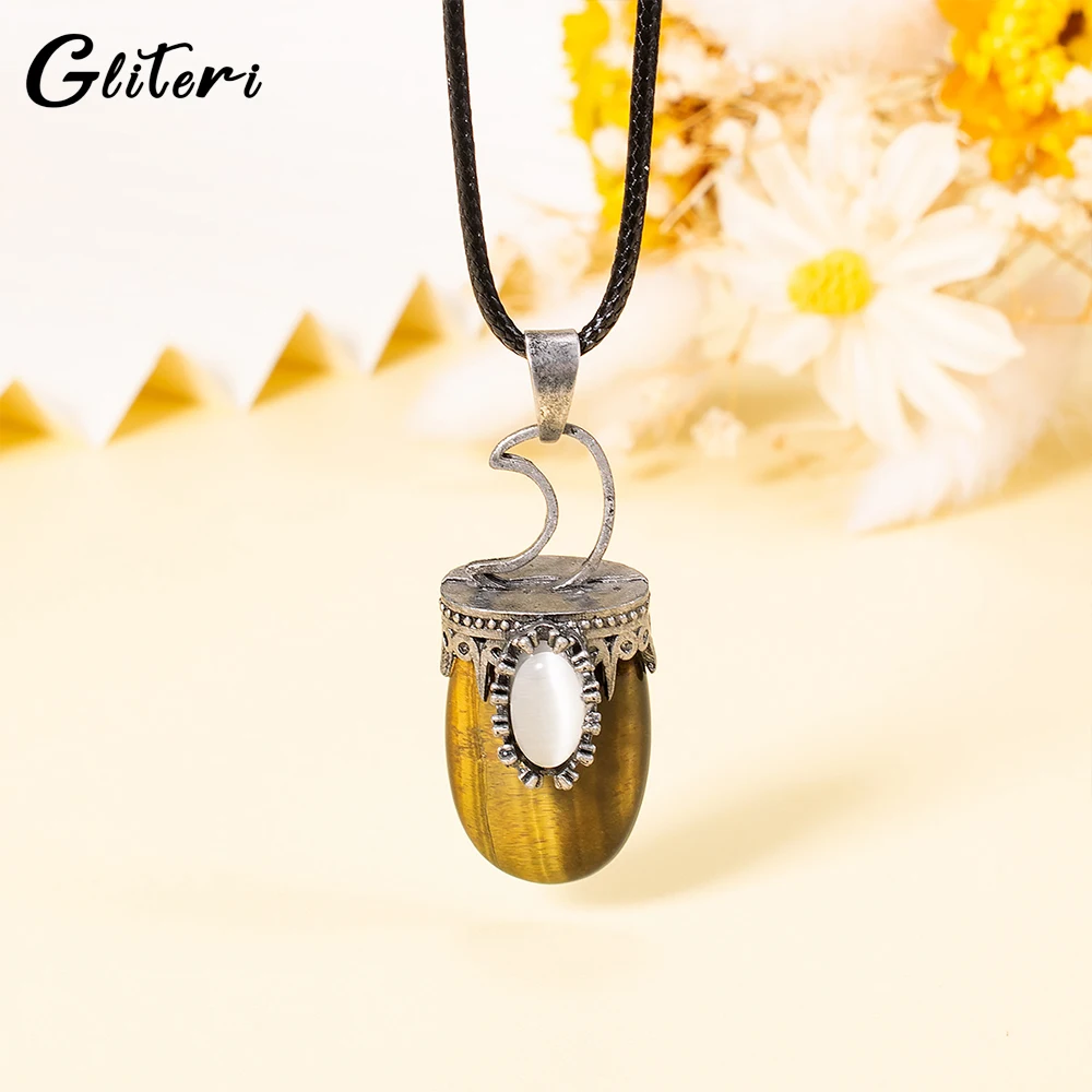 

GEITERI Vintage Natural Tiger's Eye Stone Pendant Necklaces For Men Unisex Silver Color Hollow Moon Choker Punk Jewelry Party