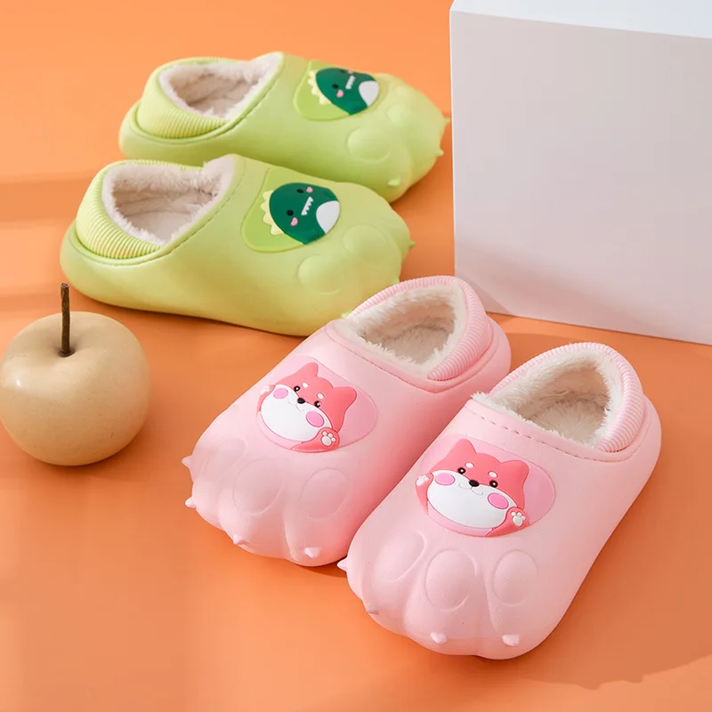 Family Fur Mules Shoes Mother Kids Dinosaur Slippers Home Waterproof Loafers Boy Girls Slip On Furry Animal Cotton Padded Shoes images - 6