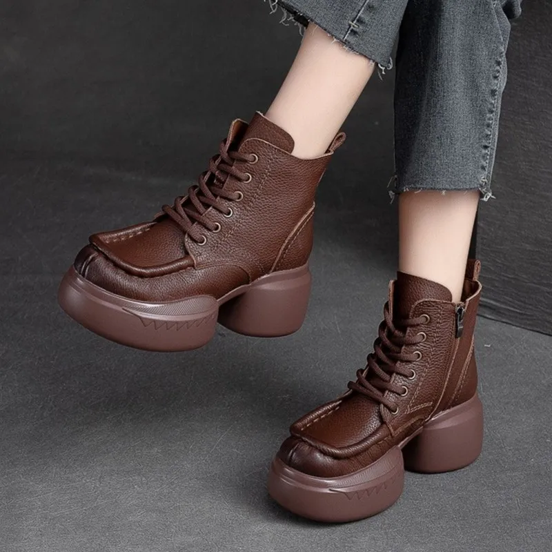 

Женские ботинки с круглым носком YourSeason, винтажная обувь ручной работы, короткие ботинки на толстой подошве, из натуральной кожи, Осень-зима 2023