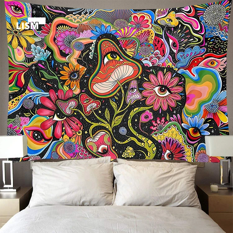 

декор на стену в спальню Психоделический гобелен, настенное одеяло в виде грибов, эстетическое разноцветное одеяло в стиле «хиппи глаз», мо...