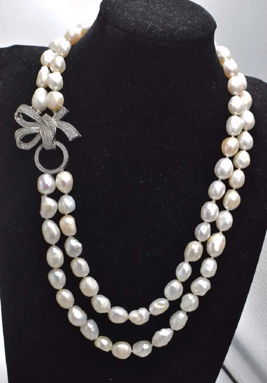 

NEW wholesale nature 2rows freshwater pearl white irregular baroque 9-10mm necklace 22-24inch 002