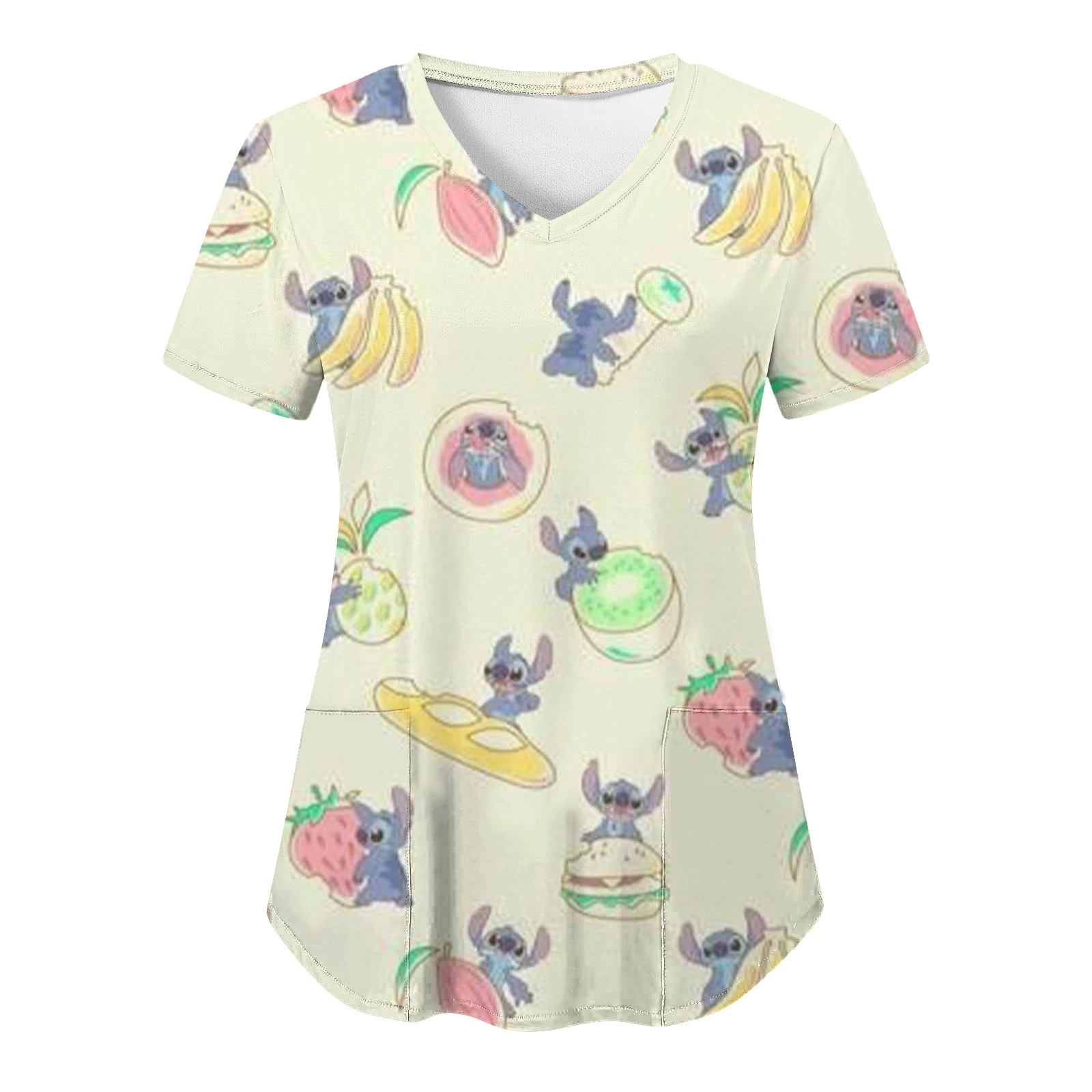 T-shirt Disney pour femmes vêtements d'été chemises à col en V hauts poches uniforme d'infirmière d'hôpital