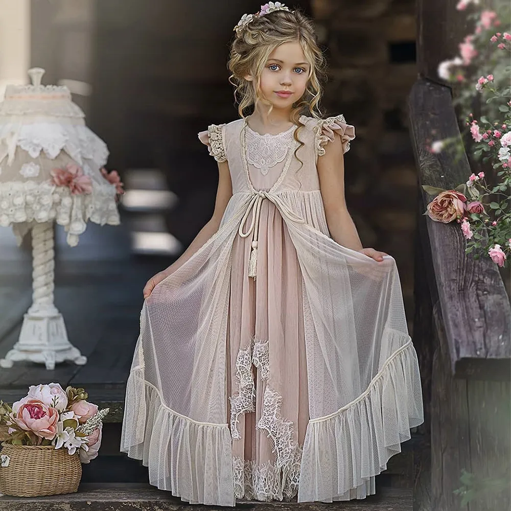 

Винтажное кружевное Тюлевое платье из двух предметов с цветочным принтом для принцессы, платье для свадебной вечеринки, платья для первого причастия, детский подарок мечты