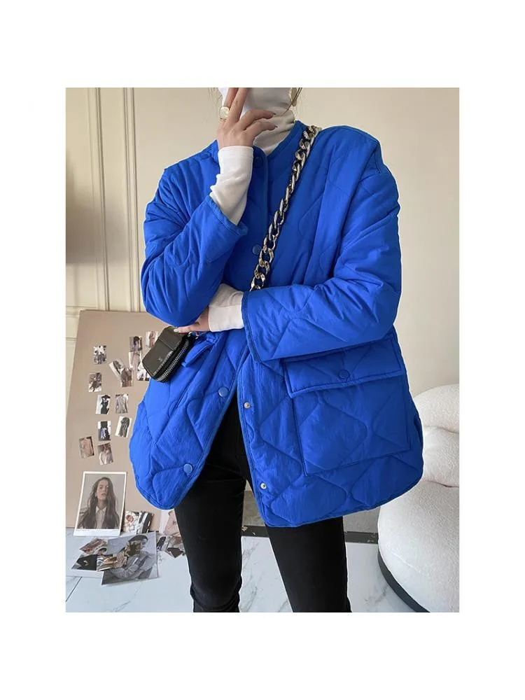 Rhine Blue Lattice Quilted Plaid Short Sustans Parka Women's 2022 New Fall Winter Single Breasted Loose Warm Coat Jacket