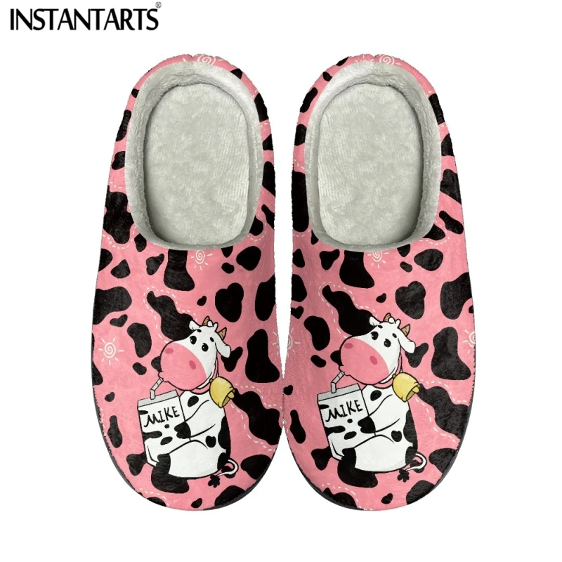 

Розовые удобные домашние тапочки INSTANTARTS с мультяшным рисунком коровы, Повседневные Легкие плюшевые тапочки унисекс, женские тапки