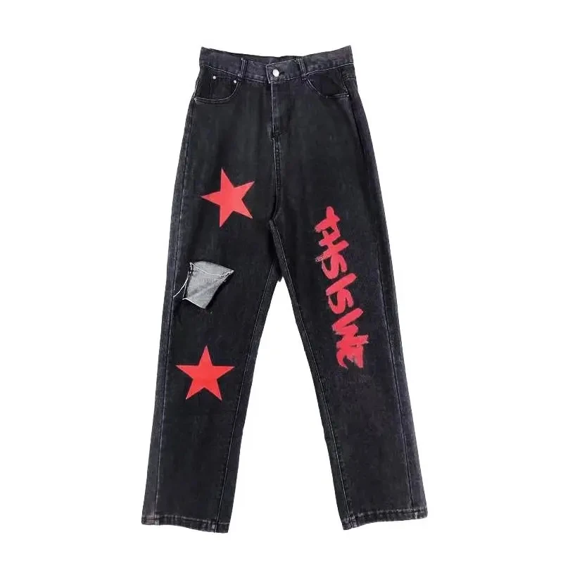 womens tide brand ins rose letter jeans american y2k retro street washed straight pants men and women hot selling new free global shipping
