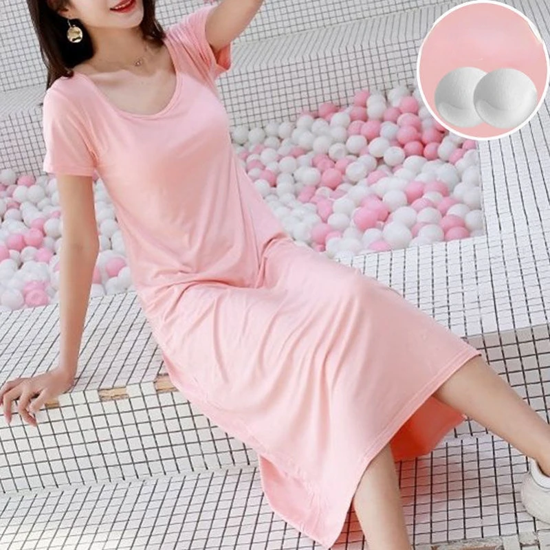 Women's Pajamas with Chest Pads Short Sleeve Robe Sexy Korean Retro Dress with Thin Chest Pads Thin Solid Color Pajamas Za New