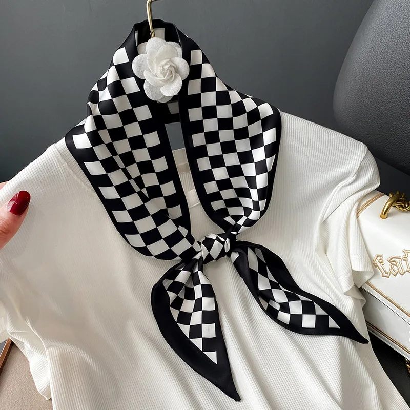 

9.5x100cm Skinny Hairbands Headwear Silk Scarf Women Plaid Long Neckerchief Ties Lady Foulard Bag Handle Ribbon Accessories