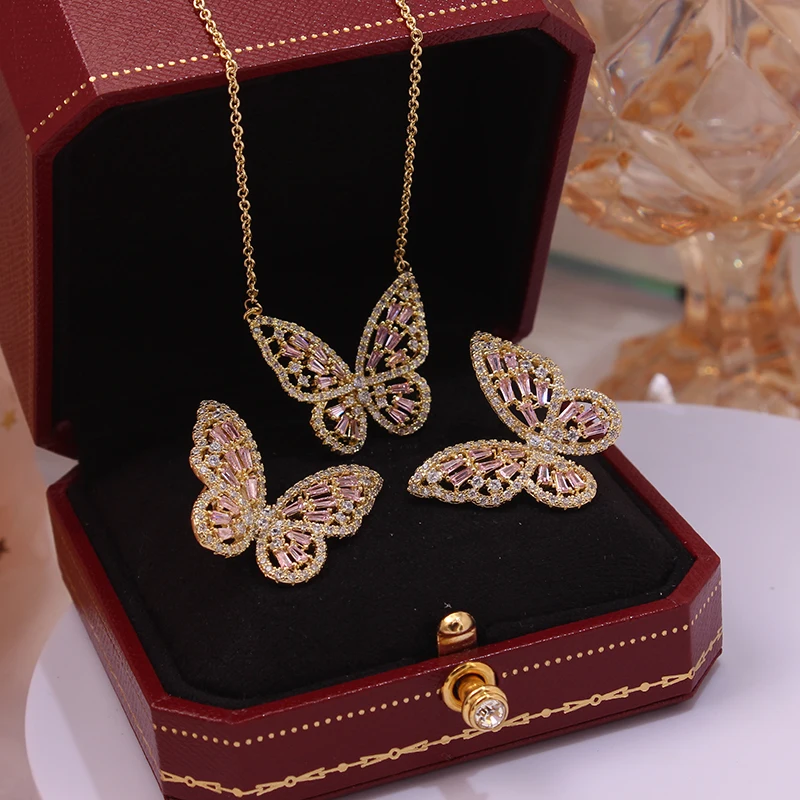 Classic Pendant 14K Real Gold Butterfly Stud Earrings for Woman Party Girl's Luxury Accessories AAA Zircon Jewelry