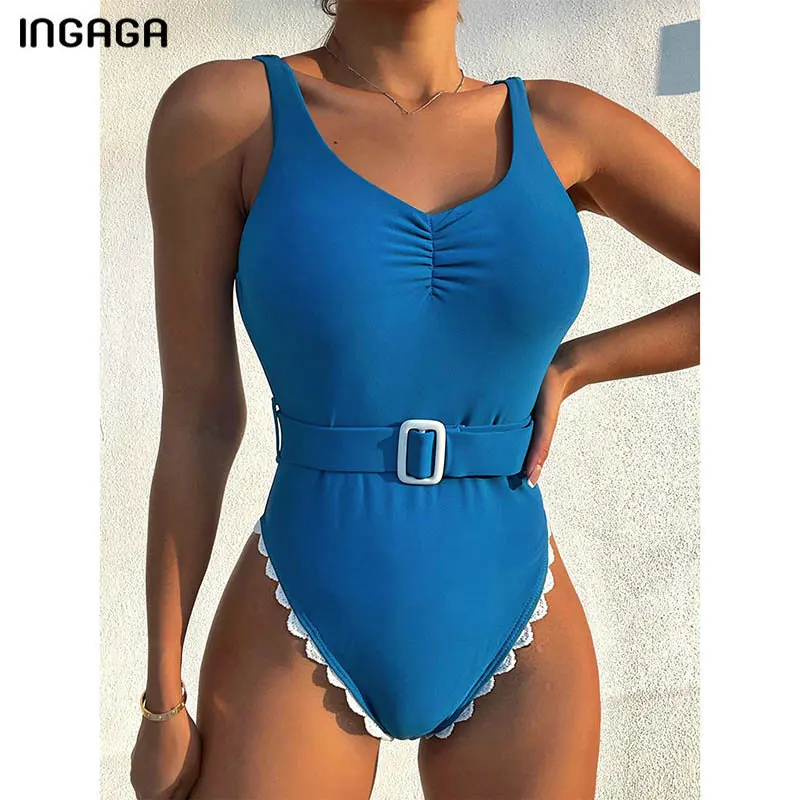 

INGAGA Scallop Swimsuit One Piece Blue Swimwear Women 2022 New Belted Bodysuit Women Backless Bathing Suit Ruched Beachwear