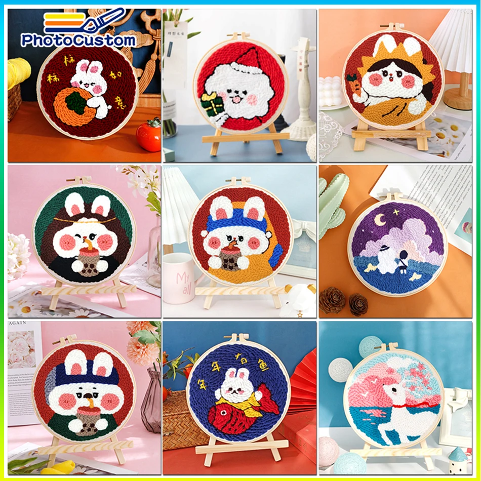 

PhotoCustom Punch Needle Kits Cartoon Animal 20x20cm Punch Needle Embroidery Kit Embroidery Needlework Work Home Decor Gift