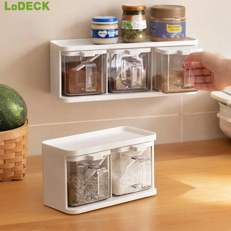 

Wall Mount Spice Rack Organizer Sugar Bowl Salt Shaker Seasoning Container Spice Boxes With Spoons Kitchen Supplies Storage Set