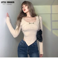 knitted crop tops women new fitness fake two piece t shirt female y2k long sleeve tops fashion shirts for women