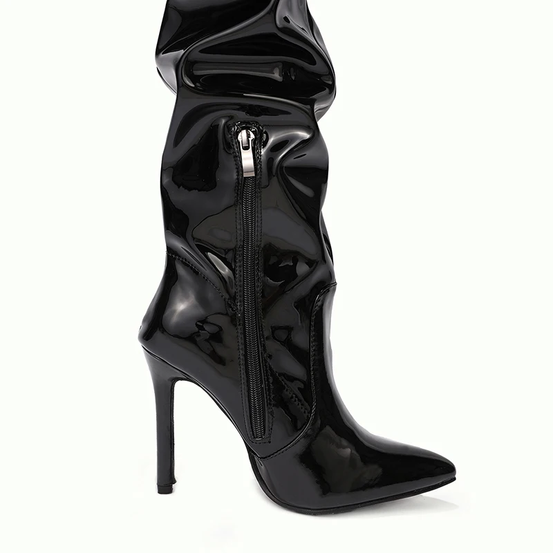 Pleat through knee-high boots fashion pointed zipper female lattice-windows paint scooter with party with pleated design for wom