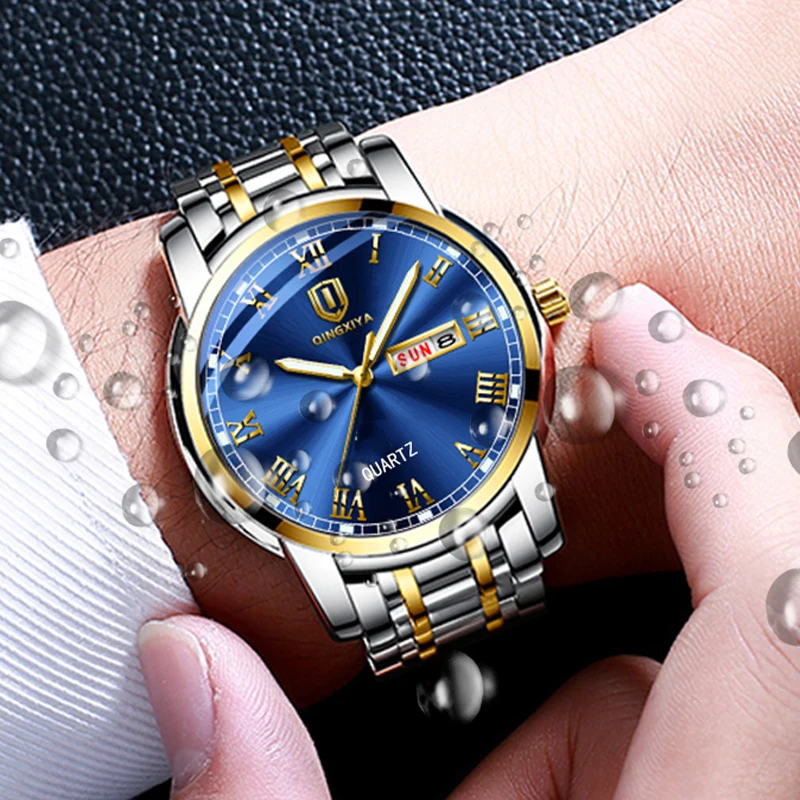 

QINGXIYA Luxury New Quartz Watch Mens Watches Fashion Luminous 30M Waterproof Stainless Steel Strap Week Calendar Display 6018