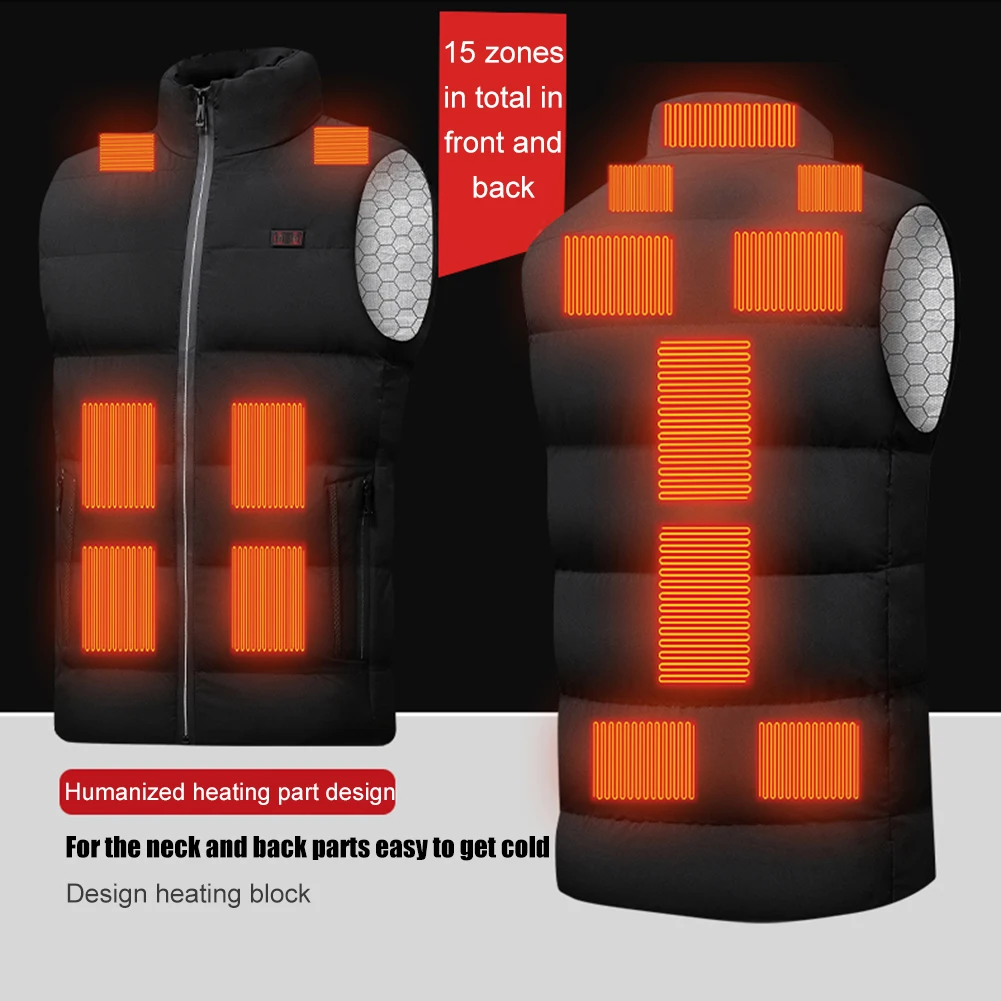 

15Places Heated Vest Jacket USB Men Winter Electric Heating Thermal Waistcoat for Skiing Camping Fishing Warm Jacket Black S-4XL