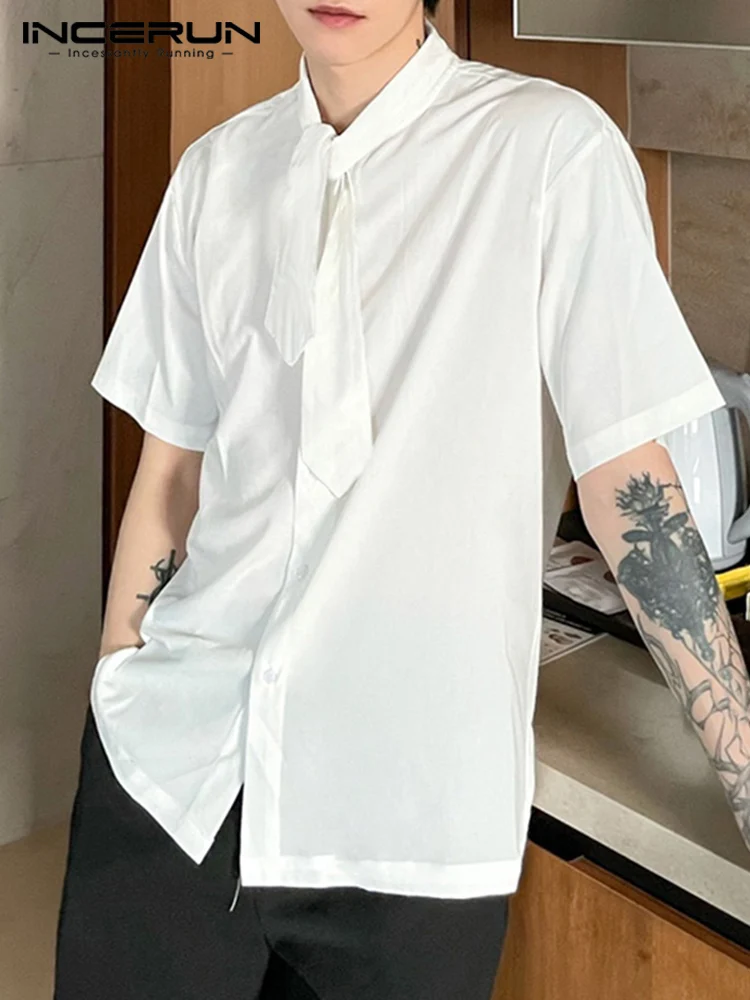 

INCERUN Men Shirt Solid Color Shiny Tie Short Sleeve Button 2022 Korean Casual Shirts Streetwear Summer Stylish Men Clothing