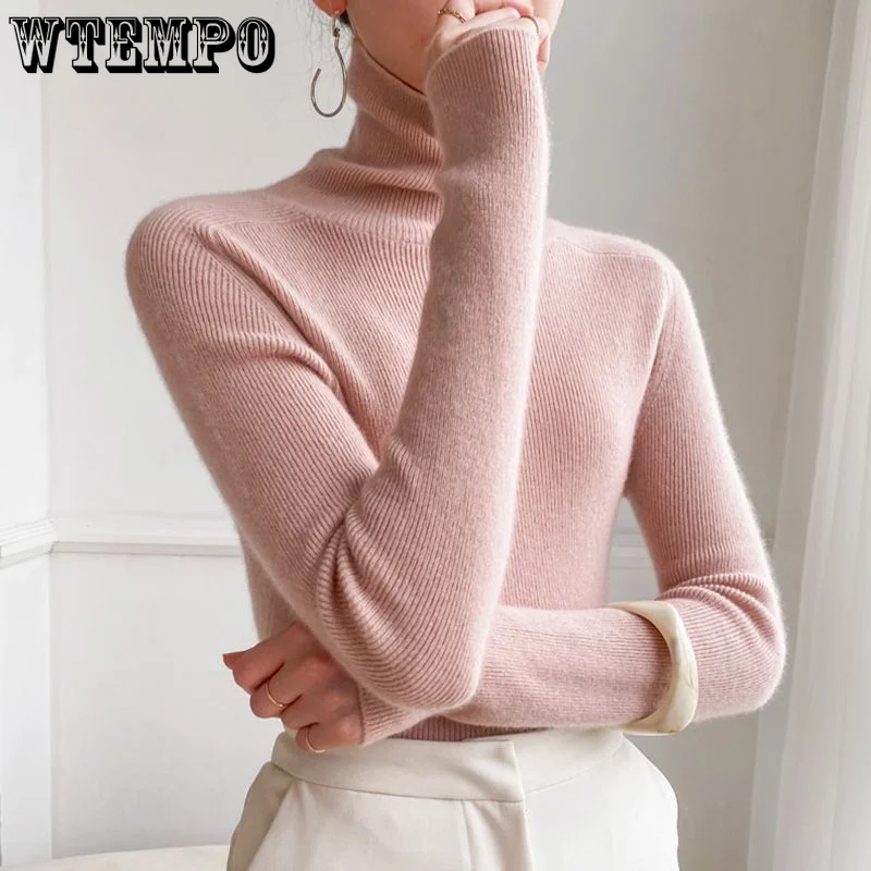 

Женский свитер WTEMPO, однотонный облегающий Универсальный пуловер с высоким воротником, корейская мода, трикотажное нижнее пальто, топ, зимняя одежда